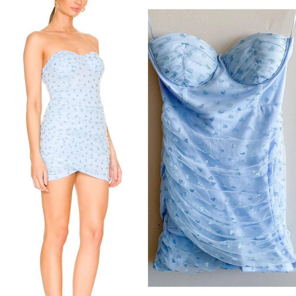 Superdown Fifi Baby Blue Mesh Strapless Glitter Heart Mini Dress $78 Size XS